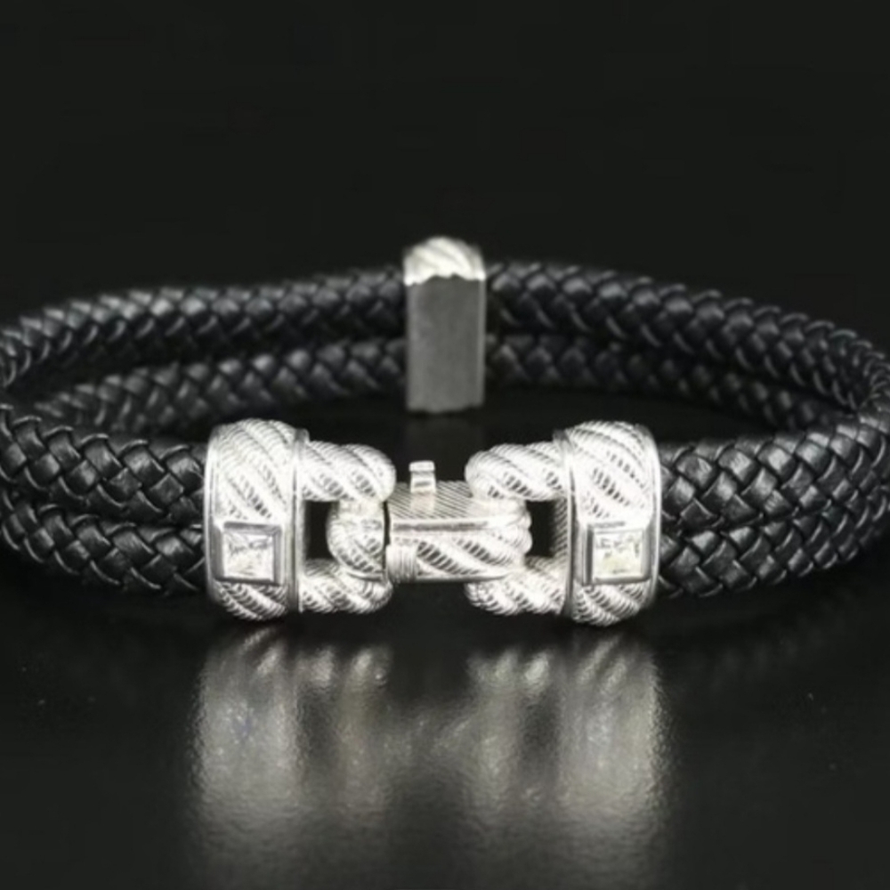 Judith Ripka Elegant Sterling Silver and Black Braide Leather Bracelet